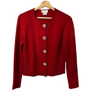 Vintage Talbots Womens Merino Wool Cardigan Sz LP Red Preppy Classic Rhinestone